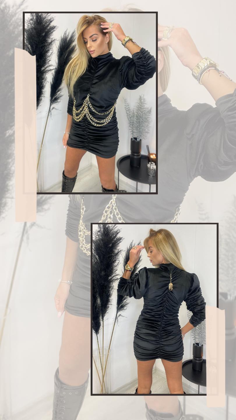 rochie paparazzi fashion neagra din catifea cu insertii de lanturi detașabile si creponata la spate